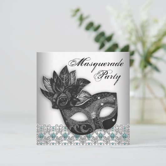 Black Blauwgroen Blue Masquerade Party Uitnodiging (Staand voorkant)