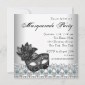 Black Blauwgroen Blue Masquerade Party Uitnodiging (Achterkant)
