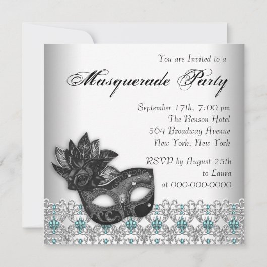 Black Blauwgroen Blue Masquerade Party Uitnodiging (Achterkant)
