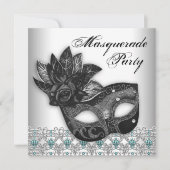 Black Blauwgroen Blue Masquerade Party Uitnodiging (Voorkant)
