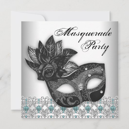 Black Blauwgroen Blue Masquerade Party Uitnodiging (Voorkant)