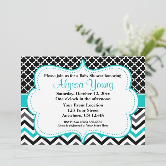 Black Blauwgroen Chevron Invitation Kaart (Staand voorkant)