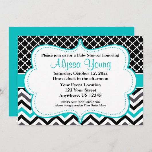 Black Blauwgroen Chevron Invitation Kaart (Voorkant / Achterkant)