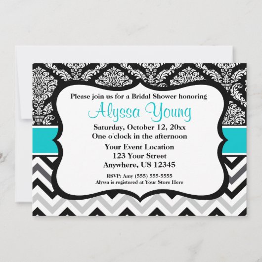 Black Blauwgroen Damask Chevron Invitation Kaart (Voorkant)