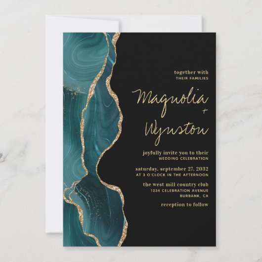 Black Blauwgroen Gold Agate Geode Wedding Kaart (Voorkant)