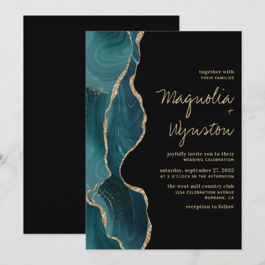 Black Blauwgroen Gold Agate Geode Wedding Kaart (Voorkant / Achterkant)