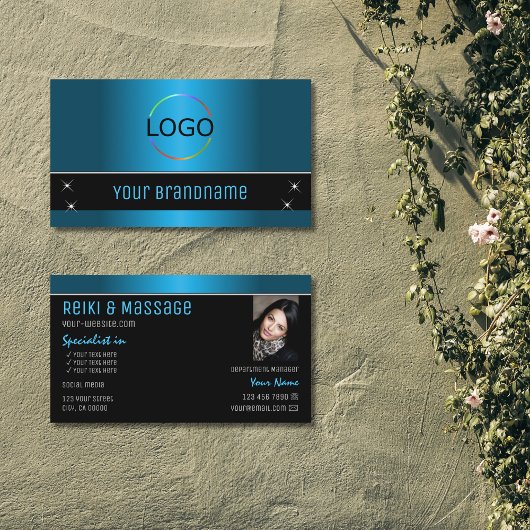 Black Blauwgroen gradiënt Modern met Logo en Foto Visitekaartje