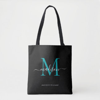 Black Blauwgroen Green Monogram Script Name Initia Tote Bag
