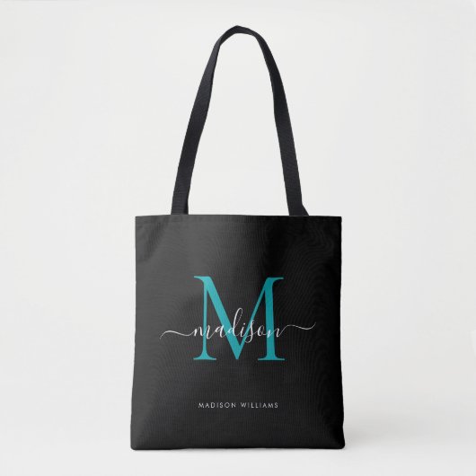 Black Blauwgroen Green Monogram Script Name Initia Tote Bag (Voorkant)