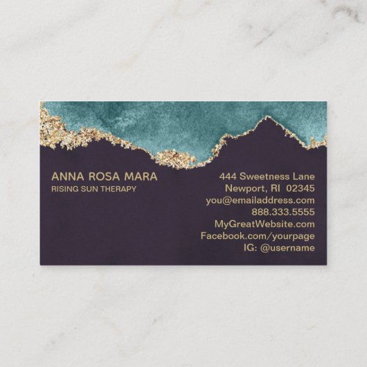 *~* Black Blauwgroen Moss Agate Geode Gold Glitter Visitekaartje (Achterkant)