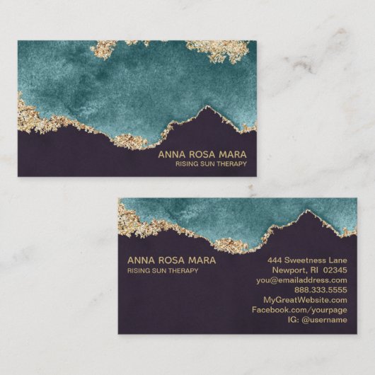*~* Black Blauwgroen Moss Agate Geode Gold Glitter Visitekaartje (Voorkant / Achterkant)