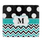 Black Blauwgroen Polka Dots Chevron Monogram Snijplank (Voorkant)