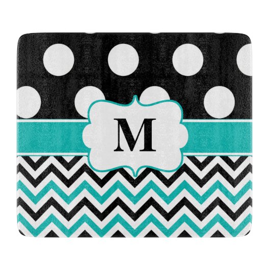 Black Blauwgroen Polka Dots Chevron Monogram Snijplank (Voorkant)