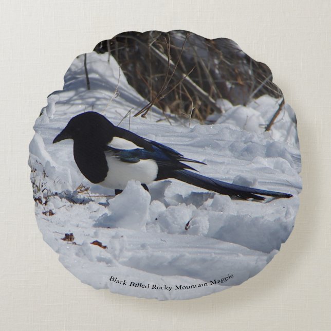 Black Bled Rocky Mountain Magpie ronde kussen (Voorkant)