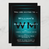 Black & Bleek Blue Glow Monogram Sci-fi Uitnodigin Kaart (Voorkant / Achterkant)