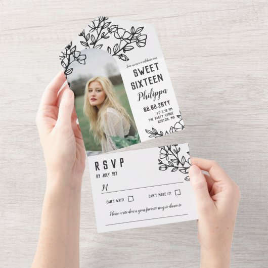 Black Blossoming Branches Foto Sweet Sixteen All In One Uitnodiging (Afscheurbaar)