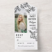 Black Blossoming Branches Foto Sweet Sixteen All In One Uitnodiging (Binnen)