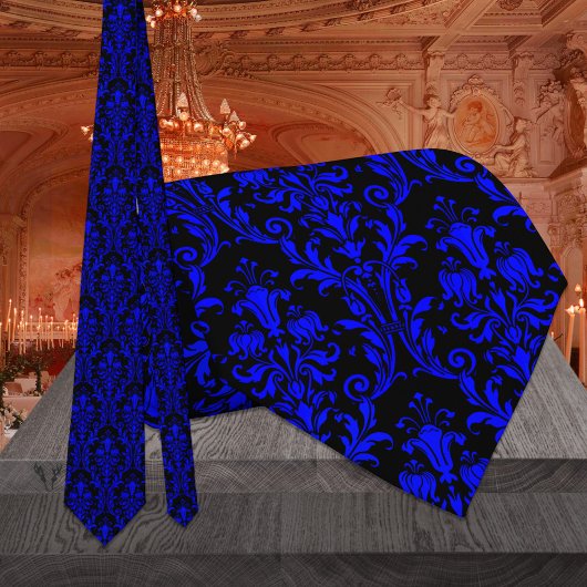 Black & Blue Acanthus Leaf Damask Floral Wedding Stropdas