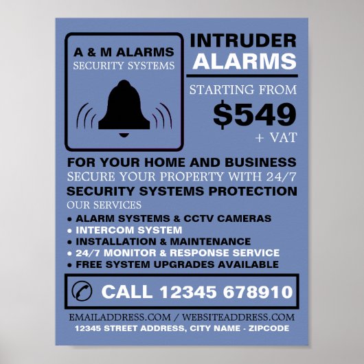 Black & Blue Alarm Logo, Security Alarm Service Poster (Voorkant)