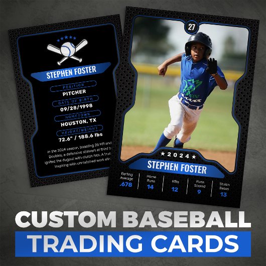 Black & Blue Baseball Trading Kaart met statistiek Contactkaartje