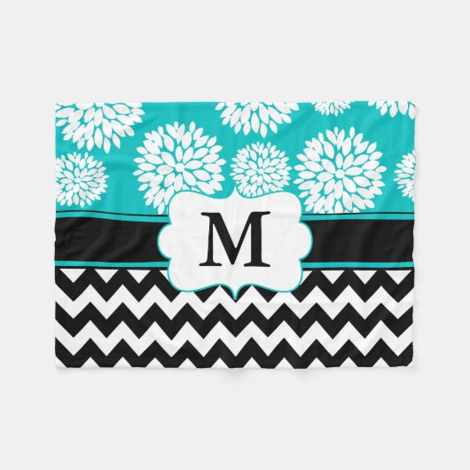 Black Blue Blooms Chevron Monogram Fleece Deken (Voorkant (Horizontaal))