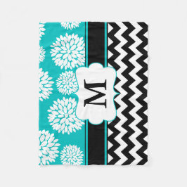 Black Blue Blooms Chevron Monogram Fleece Deken