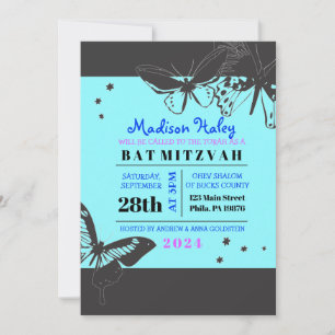 BLACK & BLUE BUTTERFLY Bat Mitzvah Invitation Kaart