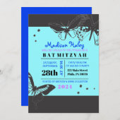 BLACK & BLUE BUTTERFLY Bat Mitzvah Invitation Kaart (Voorkant / Achterkant)