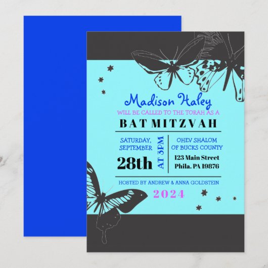 BLACK & BLUE BUTTERFLY Bat Mitzvah Invitation Kaart (Voorkant / Achterkant)
