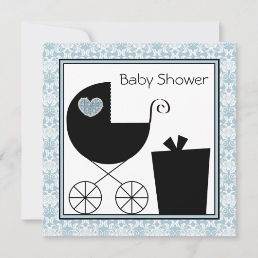 Black Blue Damask Baby Boy Shower Uitnodigingen (Voorkant)
