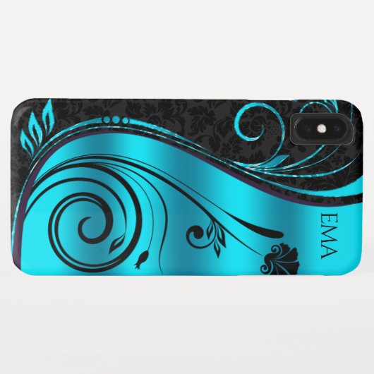 Black Blue Damask en Black Swirls Case-Mate iPhone Case (Achterkant (horizontaal))