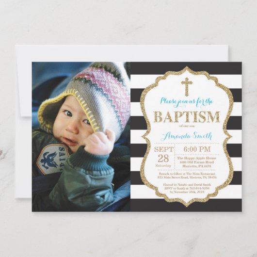 Black Blue en Gold Glitter Baptism Invitation Kaart (Voorkant)