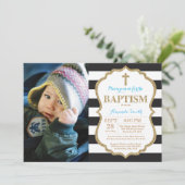 Black Blue en Gold Glitter Baptism Invitation Kaart (Staand voorkant)