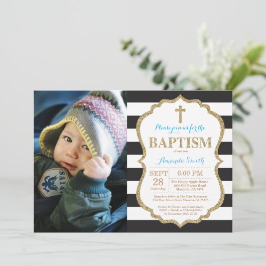 Black Blue en Gold Glitter Baptism Invitation Kaart (Staand voorkant)