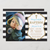 Black Blue en Gold Glitter Baptism Invitation Kaart (Voorkant / Achterkant)