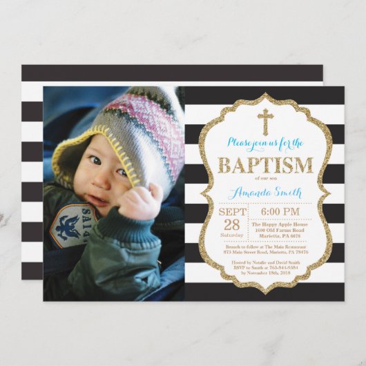 Black Blue en Gold Glitter Baptism Invitation Kaart (Voorkant / Achterkant)