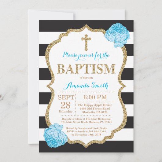 Black Blue en Gold Glitter Baptism Invitation Kaart (Voorkant)