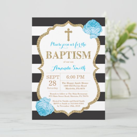 Black Blue en Gold Glitter Baptism Invitation Kaart (Staand voorkant)