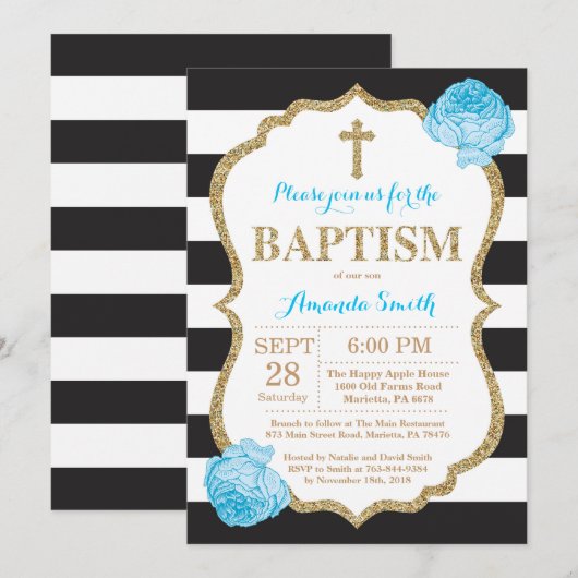 Black Blue en Gold Glitter Baptism Invitation Kaart (Voorkant / Achterkant)