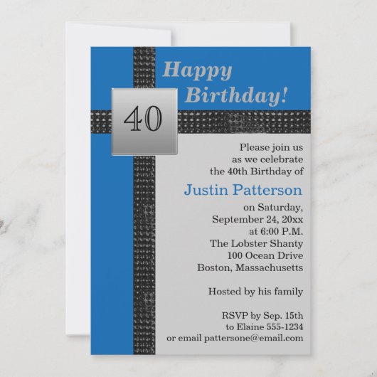 Black, Blue en Grey 40th Birthday Invitation Kaart (Voorkant)