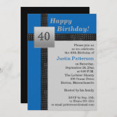 Black, Blue en Grey 40th Birthday Invitation Kaart (Voorkant / Achterkant)