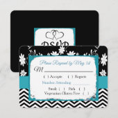 Black & Blue Floral Hearts Wedding RSVP-kaart RSVP Kaartje (Voorkant / Achterkant)