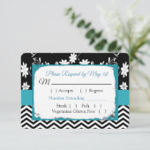 Black & Blue Floral Hearts Wedding RSVP-kaart RSVP Kaartje (Staand voorkant)
