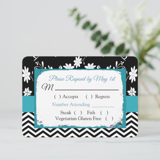 Black & Blue Floral Hearts Wedding RSVP-kaart RSVP Kaartje (Staand voorkant)