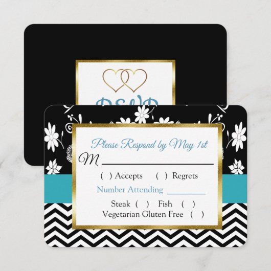 Black & Blue Floral Hearts Wedding RSVP-kaart RSVP Kaartje (Voorkant / Achterkant)