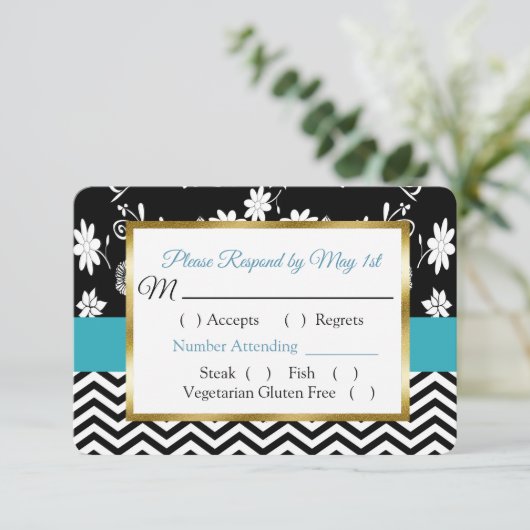 Black & Blue Floral Hearts Wedding RSVP-kaart RSVP Kaartje (Staand voorkant)