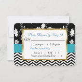 Black & Blue Floral Hearts Wedding RSVP-kaart RSVP Kaartje (Voorkant)