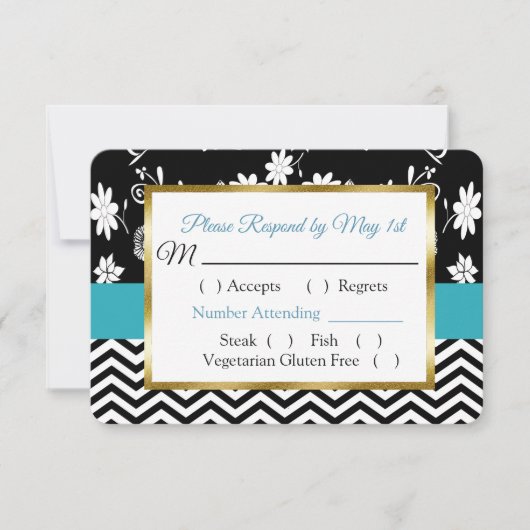 Black & Blue Floral Hearts Wedding RSVP-kaart RSVP Kaartje (Voorkant)