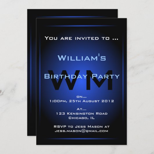 Black & Blue Glow Monogram Sci-fi - Uitnodiging (Voorkant / Achterkant)