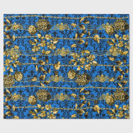 Black Blue Gold Floral Acanthus Leaf Chains Luxe Cadeaupapier (Vlak)